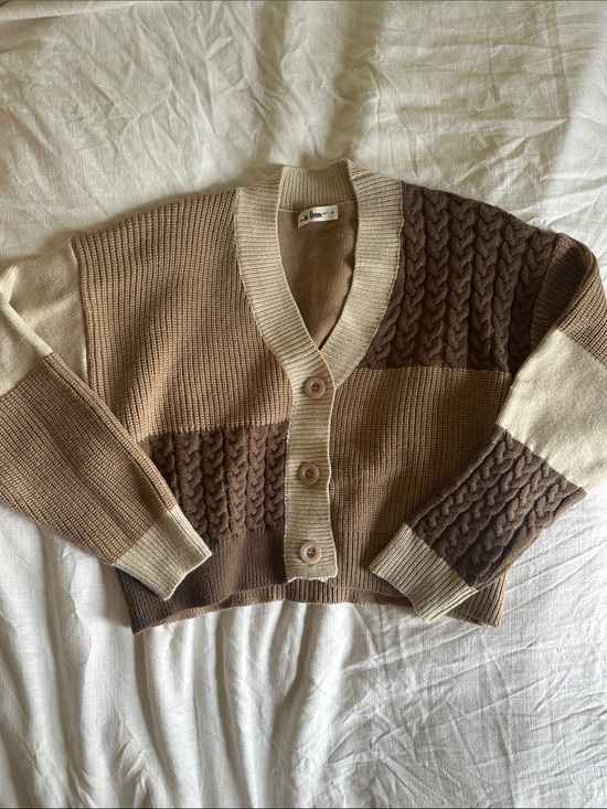 In Bloom Sweaters - In Bloom Colorblock Cable Knit Cropped Cardigan - Cream & Brown